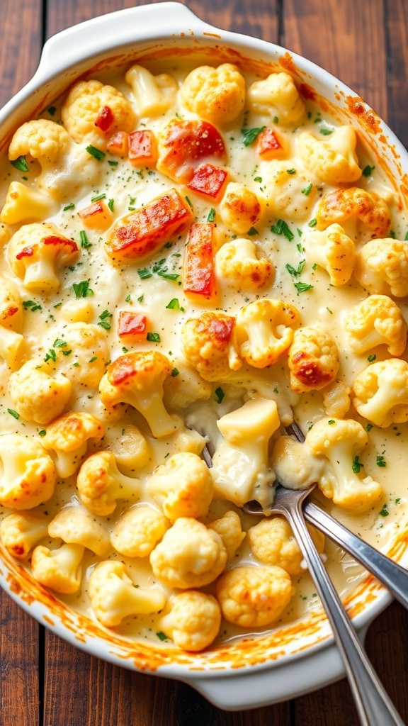 A golden-brown cauliflower Alfredo bake with melted cheese, served in a rustic dish.